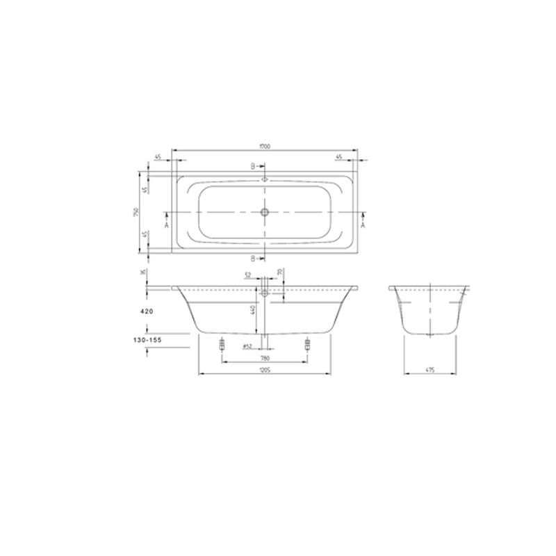 Targa 1700 Drop In Bath | White Overflow Waste | Specifications