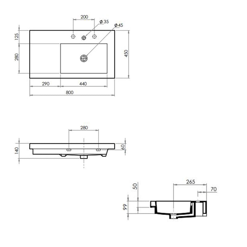Parisi Laser 80SX Back to Wall Inset Basin NTH Specification