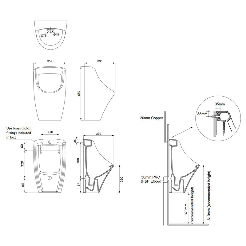 Turner Hastings Teide Ceramic Urinal - Back Inlet Specification