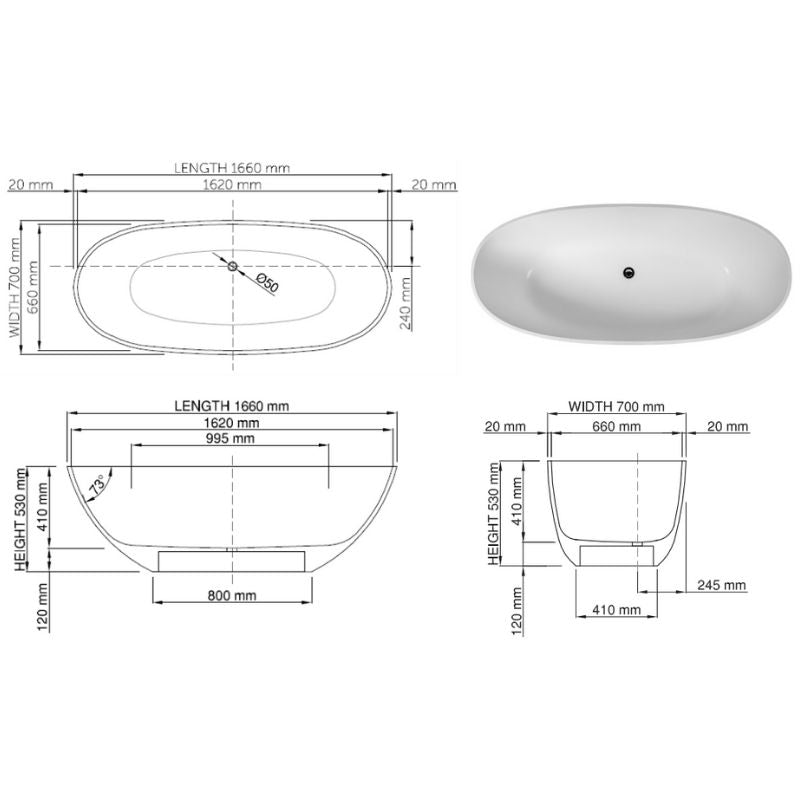 DADOquartz® Toronto 1660 Freestanding Bath - Specifications