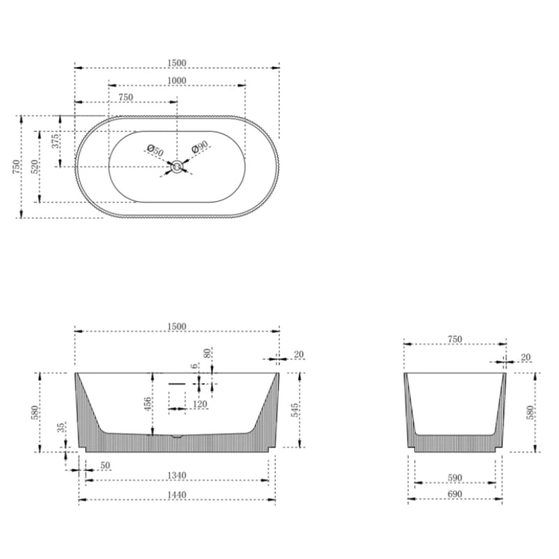 Cassa V-Groove Round 1500mm Bathtub -  Specification