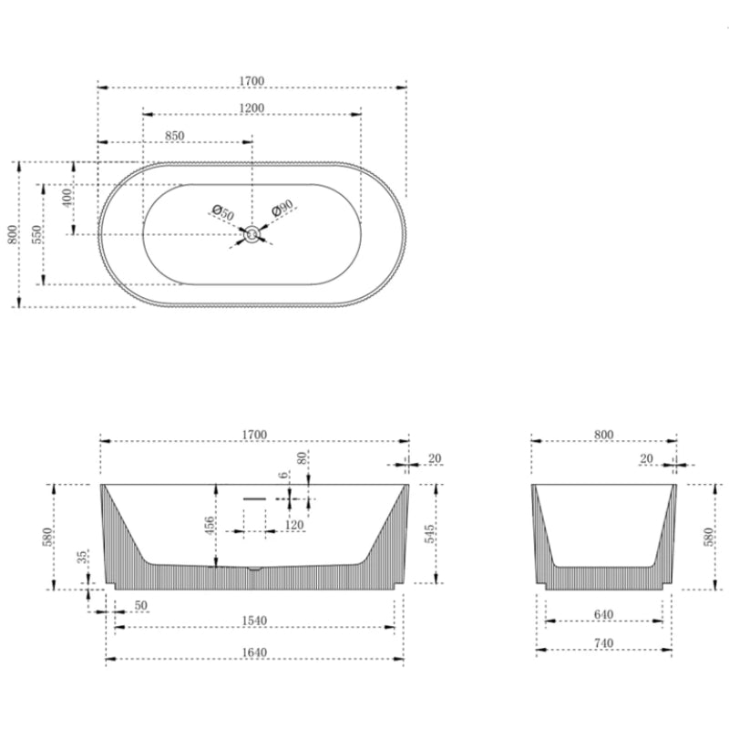 Cassa V-Groove Round 1700mm Bathtub -  Specification