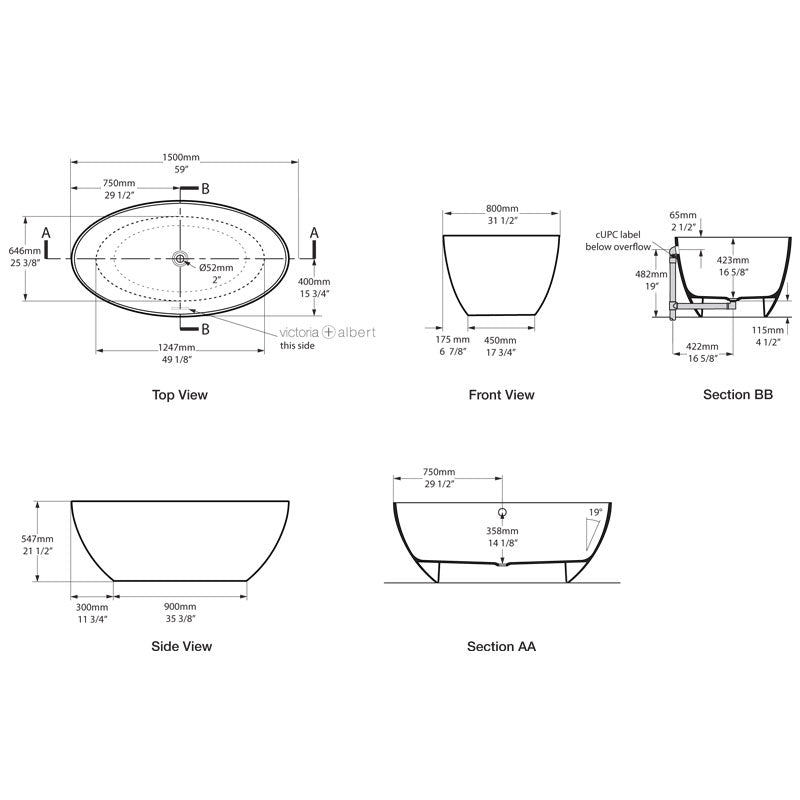 Victoria + Albert Corvara 1500 Freestanding Bath Specification