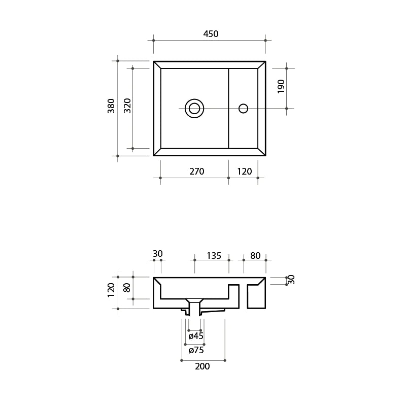 Parisi Cut 450x380 Bench Basin with Platform - 1 Tap Hole - Matte White