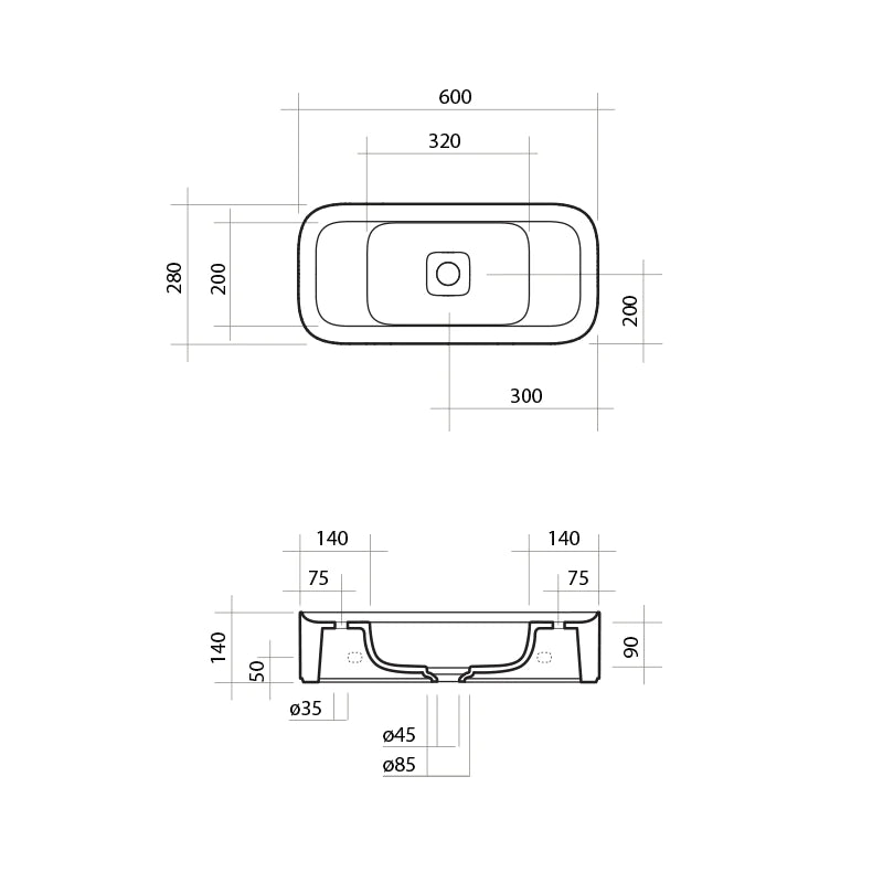 Parisi Cameo Wall Basin 600x280 with 1 Tap Hole