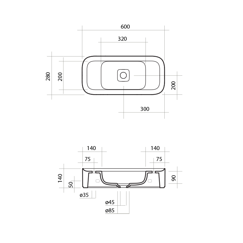 Parisi Cameo Bench Basin 600x280 with 1 Tap Hole