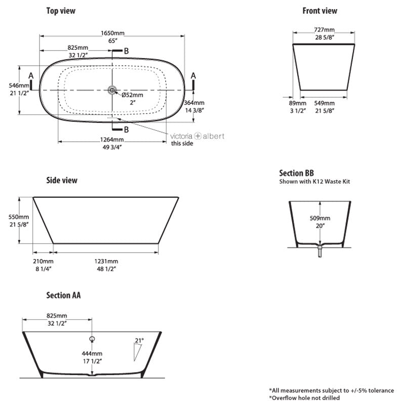 Victoria + Albert Vetralla 2 1650 Freestanding Bath specifications