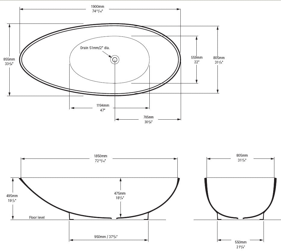 Napoli Freestanding Bath Technical Drawing