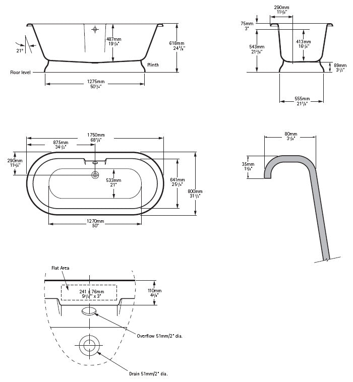 York Freestanding Bath Technical Drawing