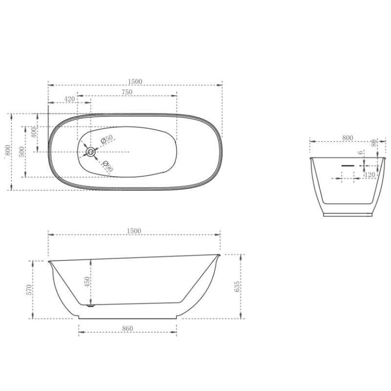 Cassa Vita High Rise 1500mm Bathtub -  Specification