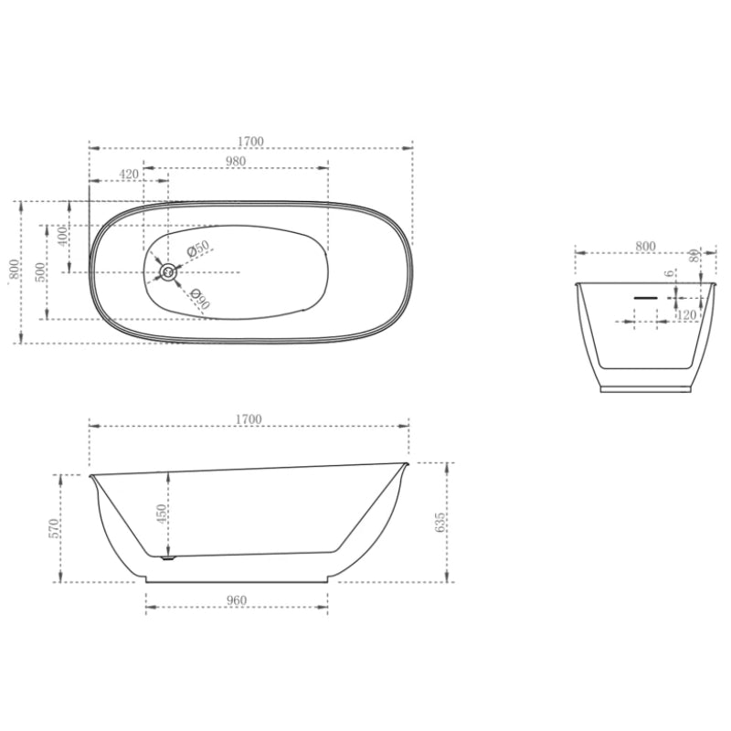 Cassa Vita High Rise 1700mm Bathtub - Specification