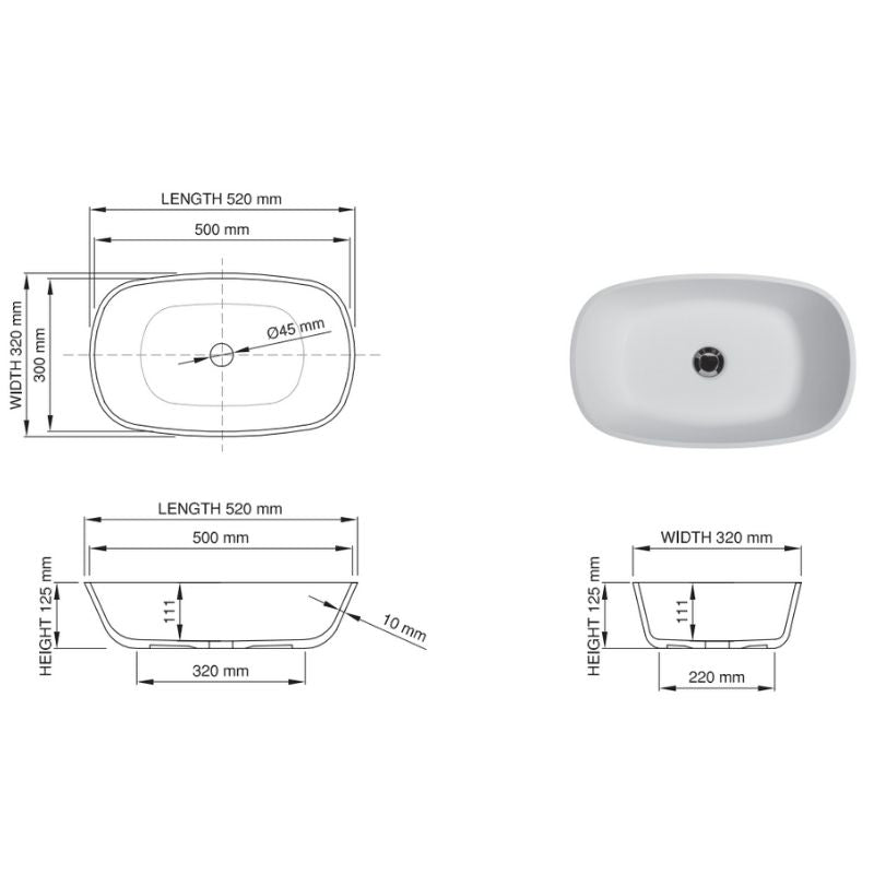 Dado Sirene Vivian Above Counter Basin 520mm Specification
