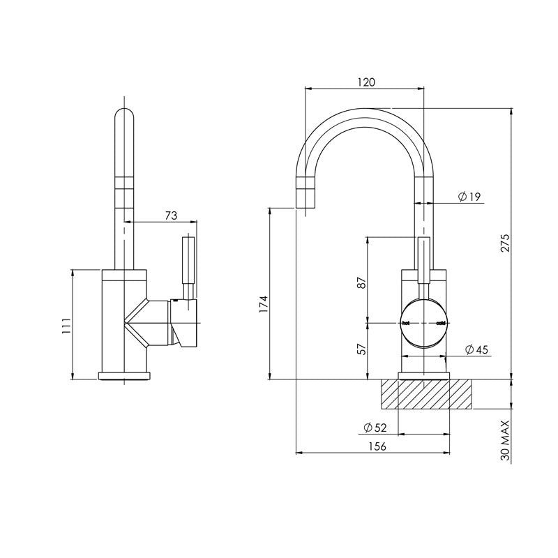 Phoenix Vivid Gooseneck Basin Mixer 120mm - Chrome Specification