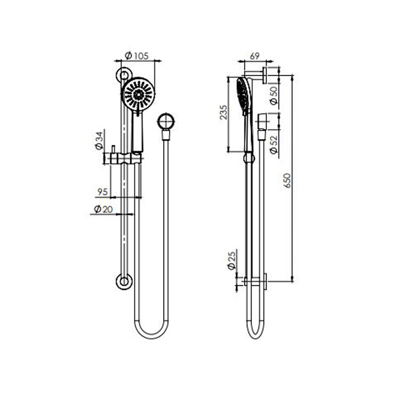 Phoenix Vivid Slimline Rail Shower - Matte Black Specification