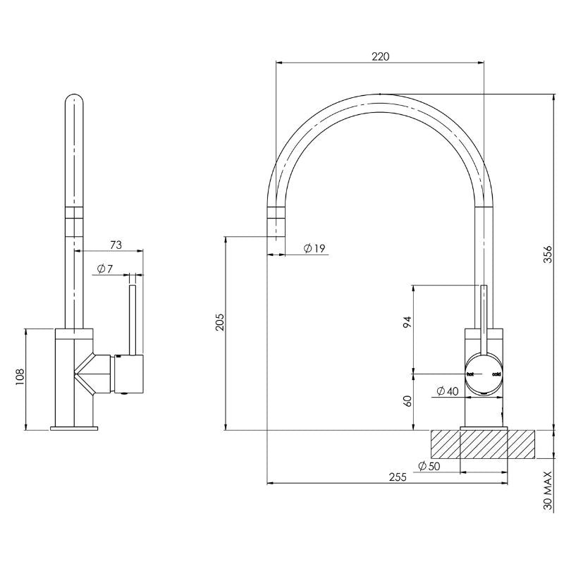 Phoenix Vivid Slimline Gooseneck 220mm Sink Mixer - Gun Metal specifications