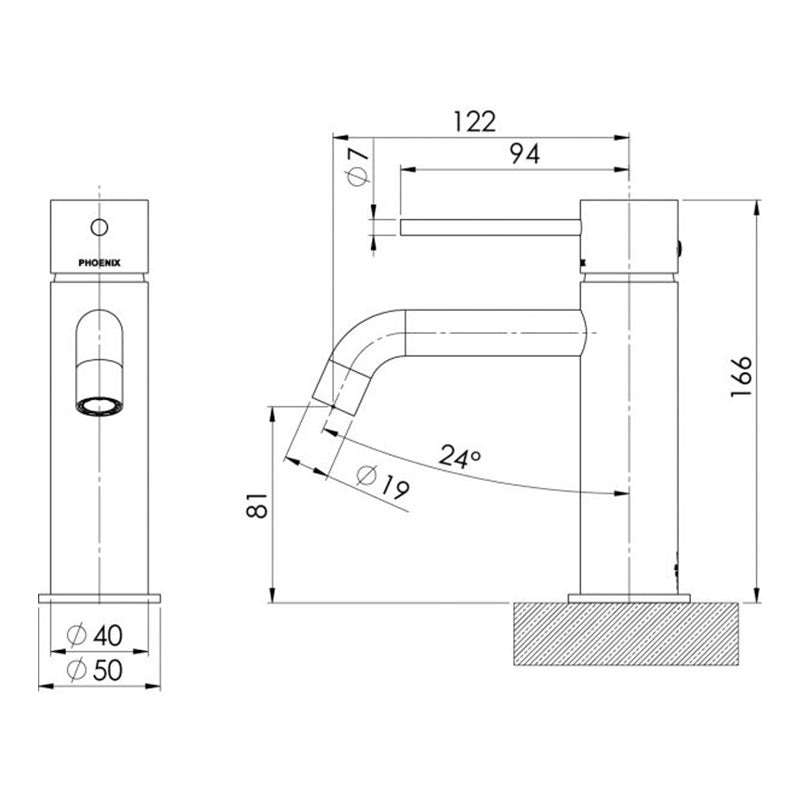 Phoenix Vivid Slimline Basin Mixer Curved Outlet - Brushed Nickel Specification