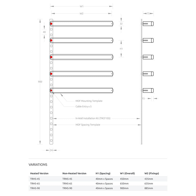 Avenir Xylo-Rails Heated Towel Rail - 45cm Specification