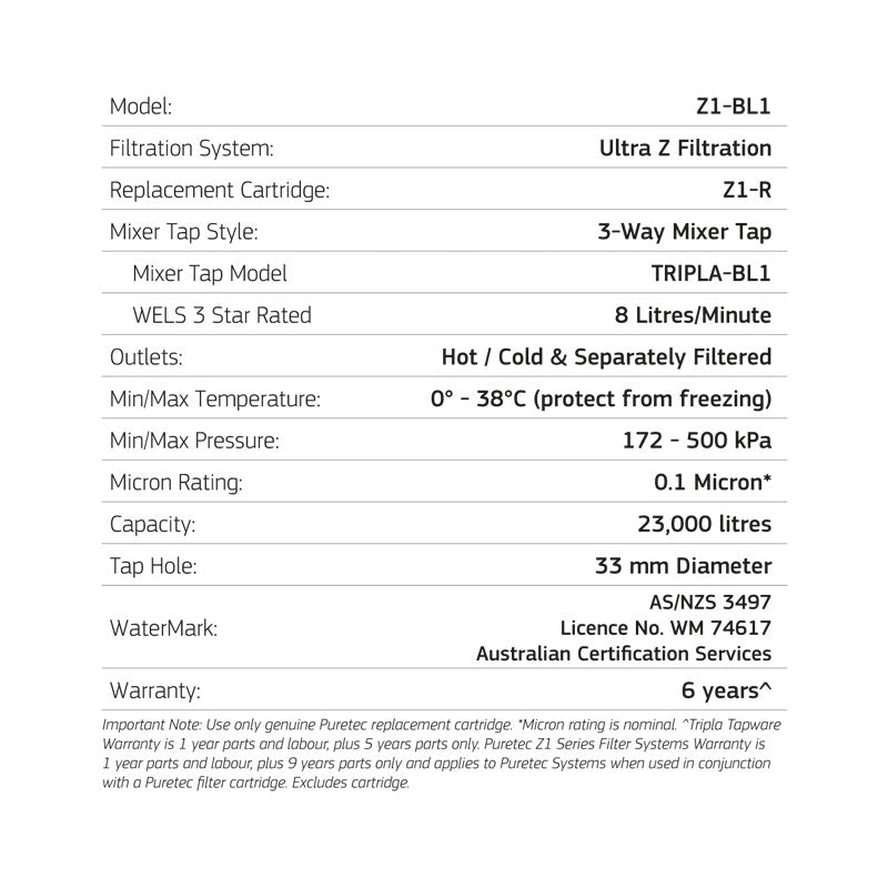Puretec Quick Twist Undersink Filter System w/ Tripla Black Mixer Tap Specification