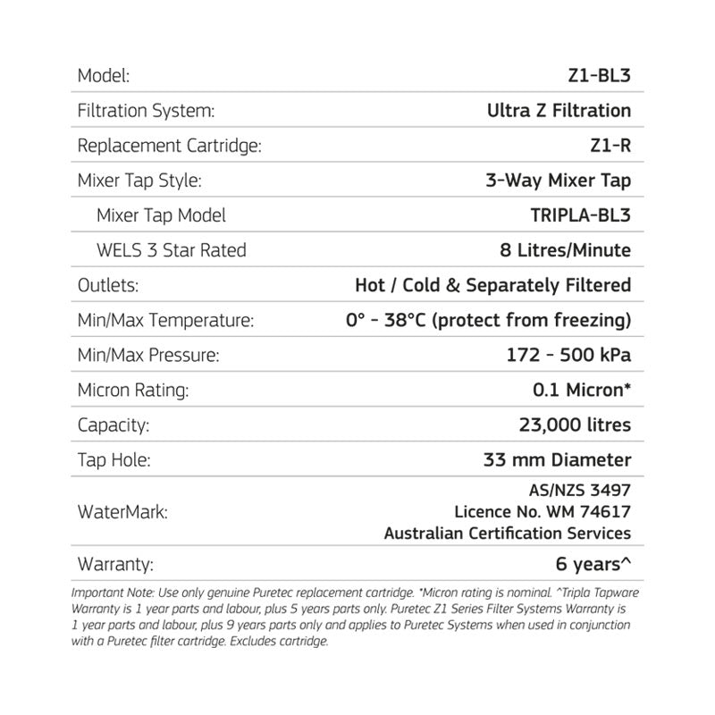 Puretec Quick Twist Undersink Filter System w/ Heritage Tripla Black Mixer Tap Specification