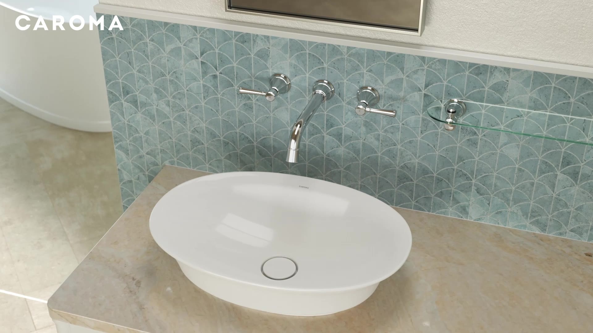 Riviere above-counter basin with wall-mounted tapware in chrome