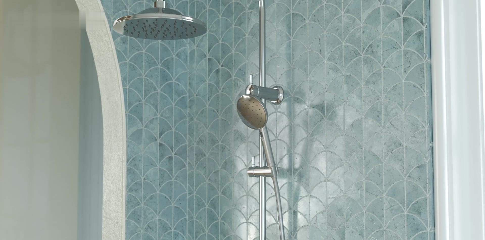Riviere rail shower with overhead rose on scalloped tiles