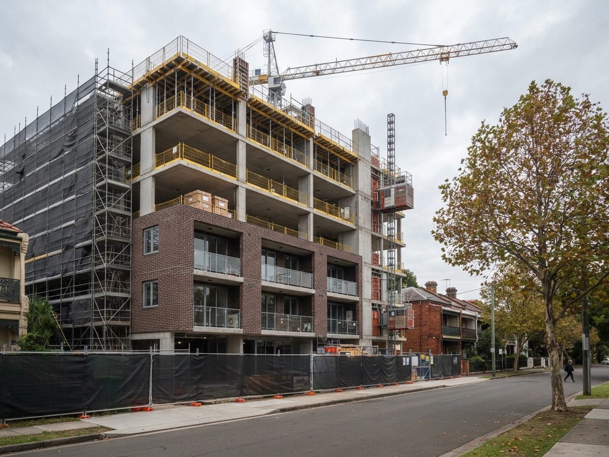 Multi-storey apartment building under construction with a tower crane