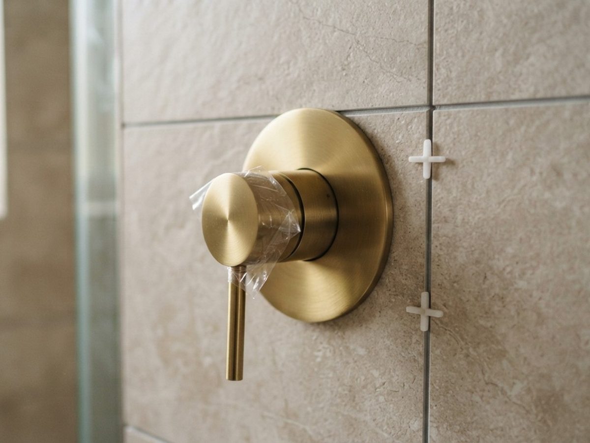 Newly installed brushed brass shower mixer with protective film and tile spacers